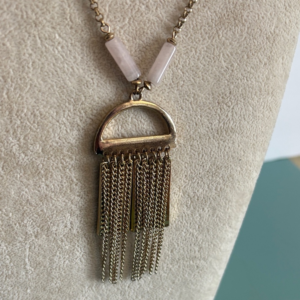 Gold-Tone Rose Quartz Stone Layered Tassel Necklace - Picture 4 of 9